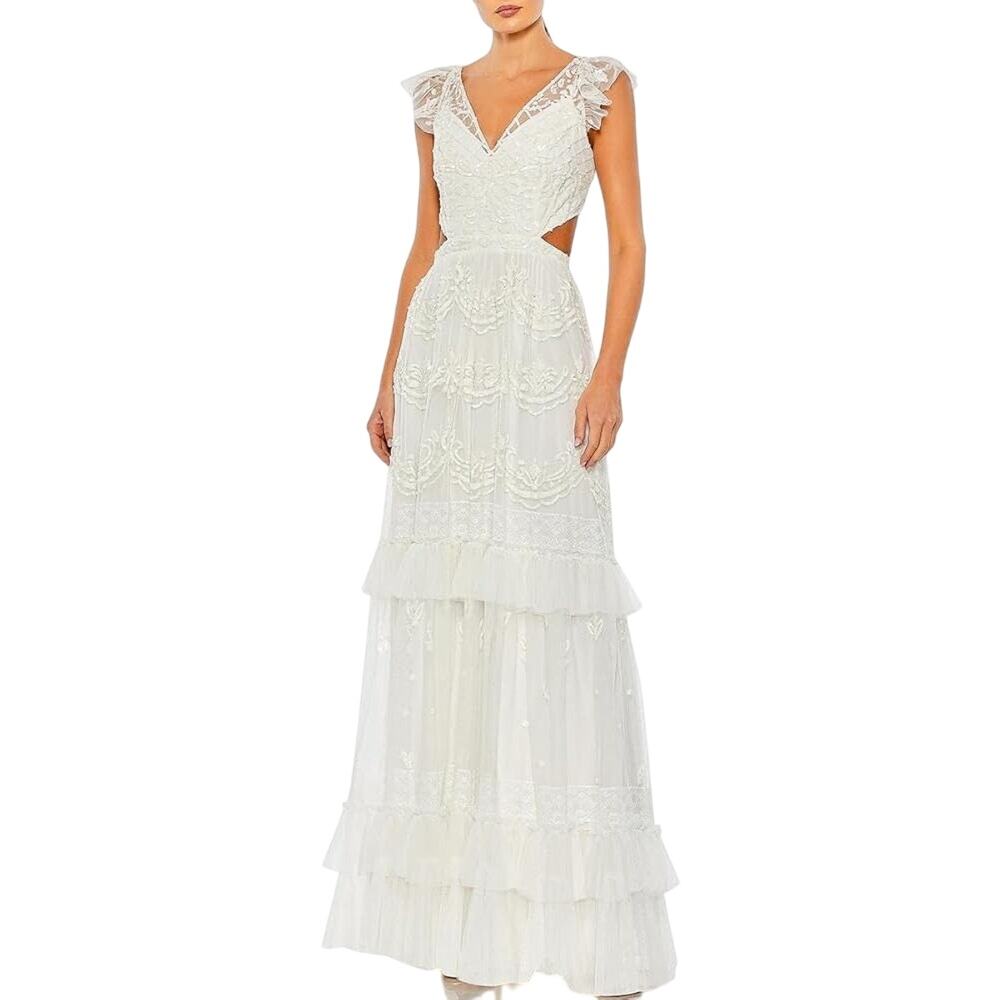 Mac Duggal NWT Lace Up Back Ruffle Skirt Dress in White Size 6